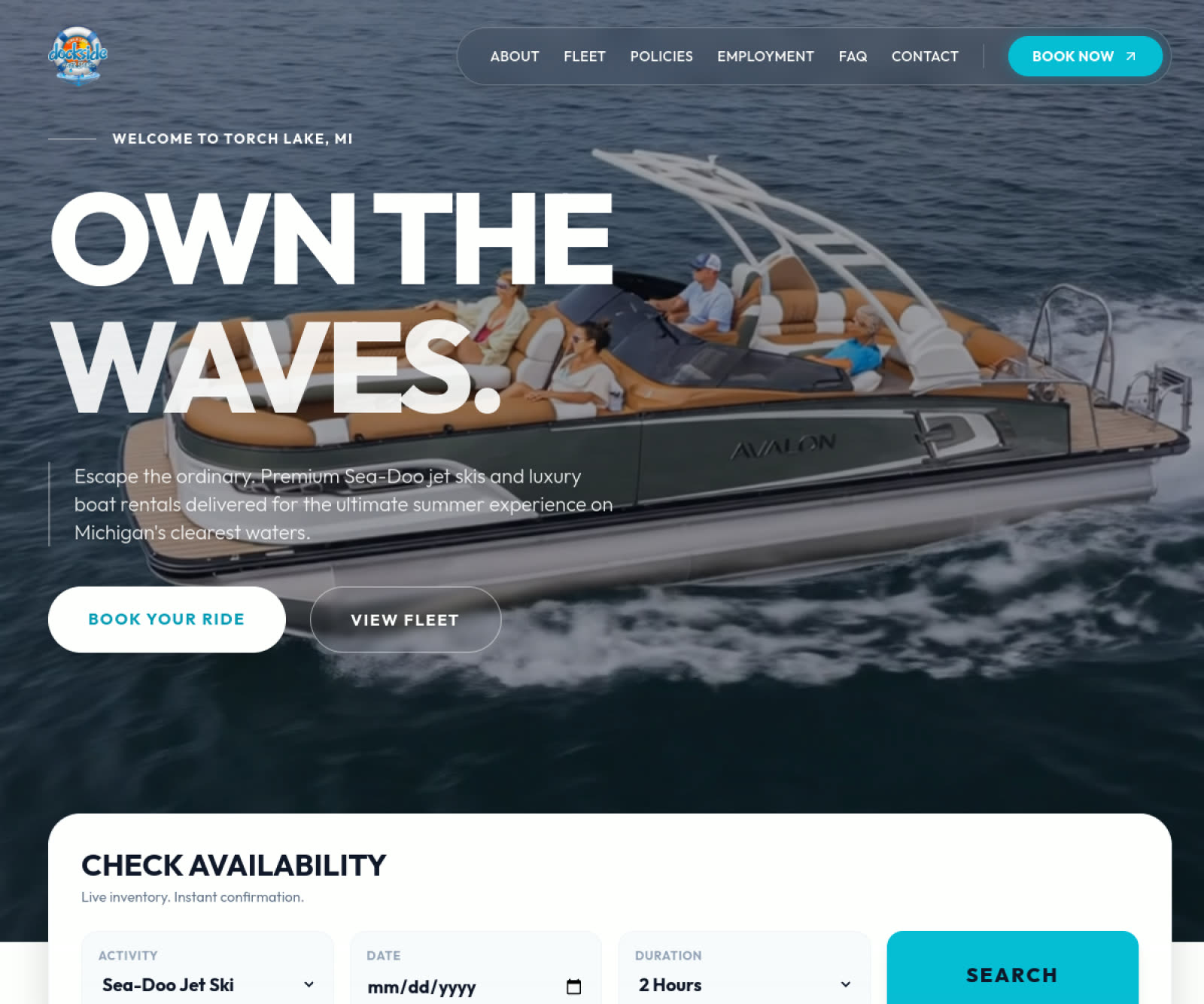 Dockside Watersports — Luxury Boat Rental Platform website by Hassuru